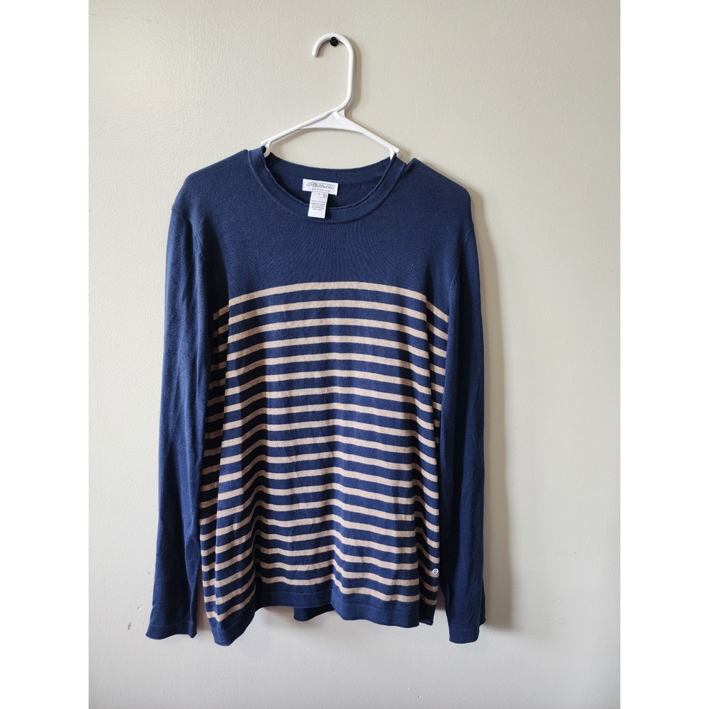 Piattelli Barneys New York Mens Blue Tan Striped Cotton Crew Neck Sweater L